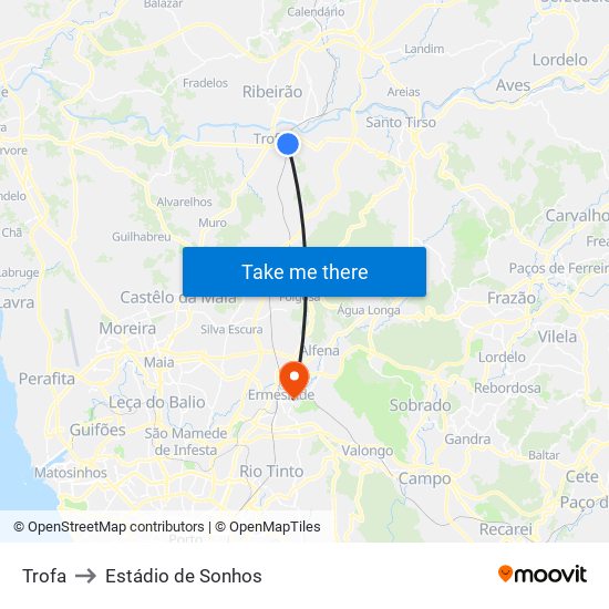 Trofa to Estádio de Sonhos map