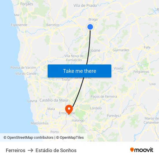 Ferreiros to Estádio de Sonhos map