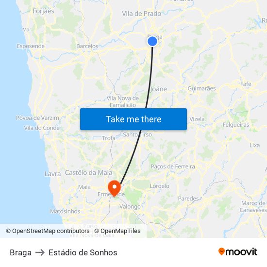 Braga to Estádio de Sonhos map