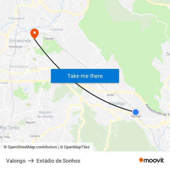 Valongo to Estádio de Sonhos map