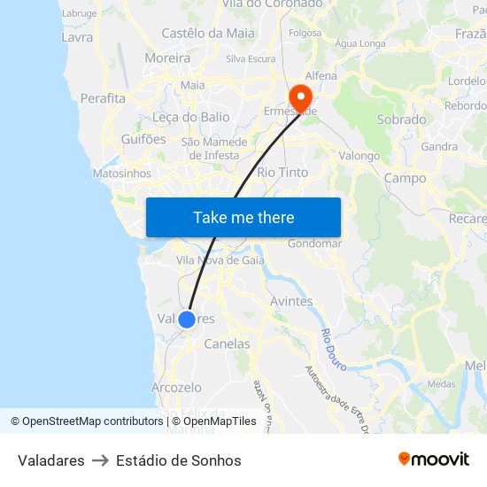Valadares to Estádio de Sonhos map