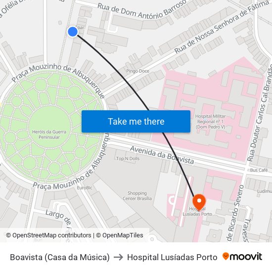 Boavista (Casa da Música) to Hospital Lusíadas Porto map
