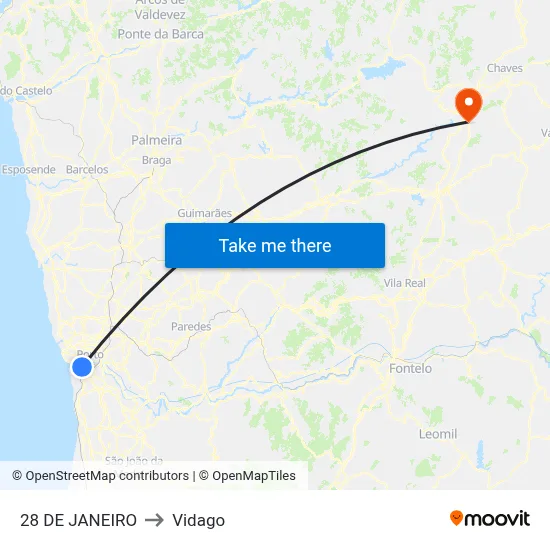 28 DE JANEIRO to Vidago map