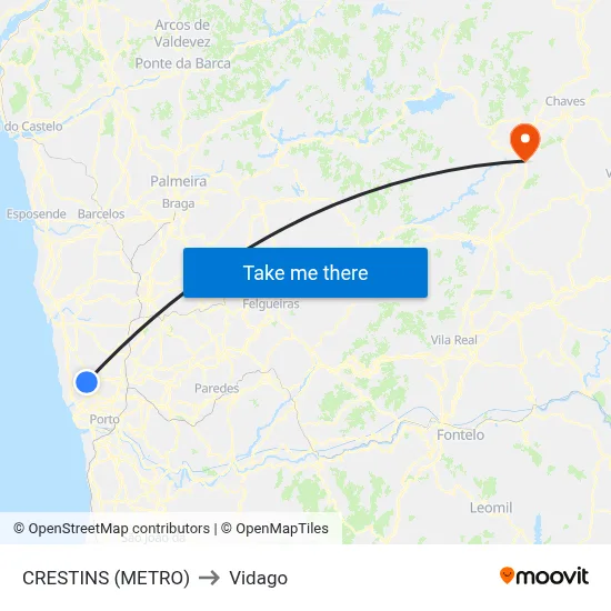 CRESTINS (METRO) to Vidago map