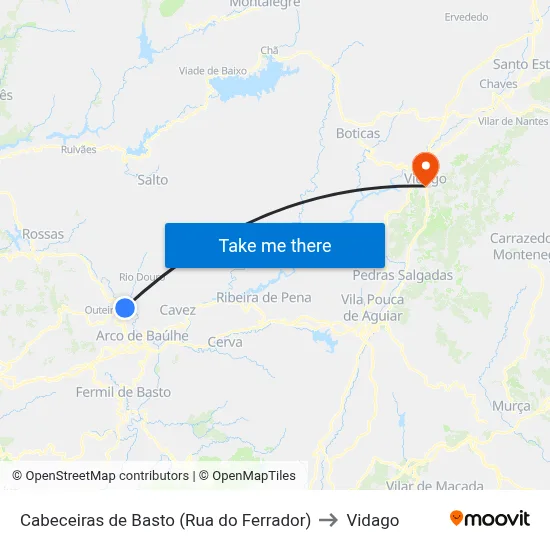 Cabeceiras de Basto (Rua do Ferrador) to Vidago map