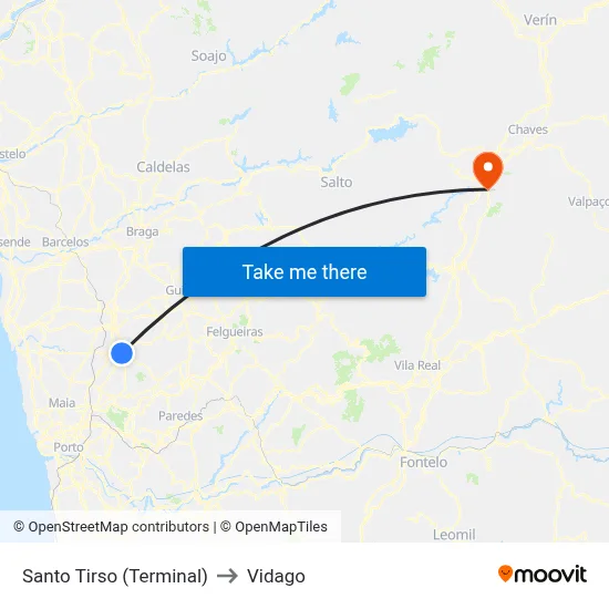 Santo Tirso (Terminal) to Vidago map