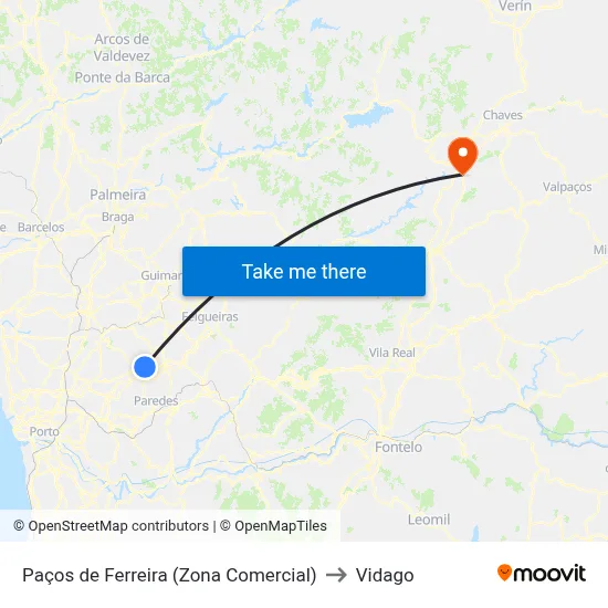 Paços de Ferreira (Zona Comercial) to Vidago map