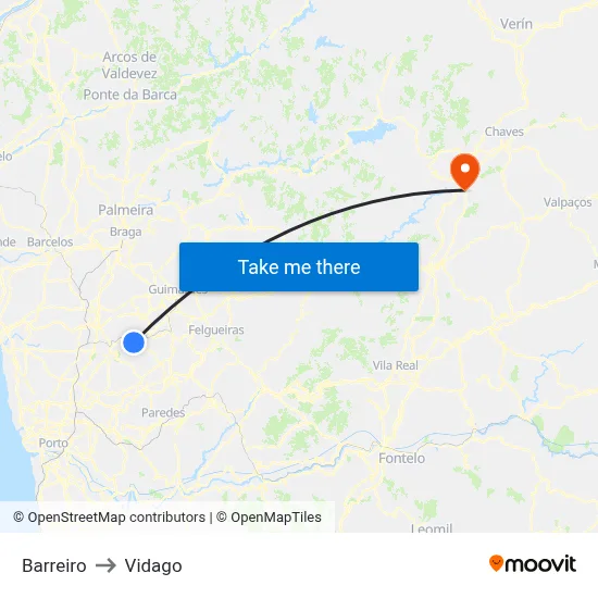 Barreiro to Vidago map