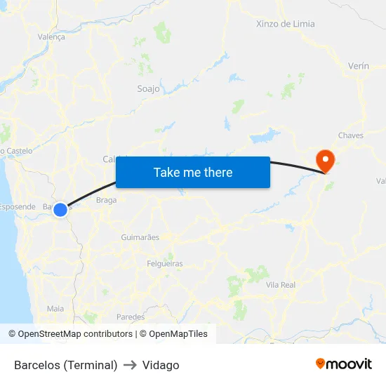Barcelos (Terminal) to Vidago map