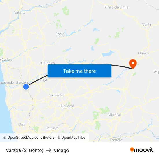 Várzea (S. Bento) to Vidago map