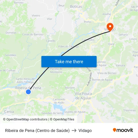 Ribeira de Pena (Centro de Saúde) to Vidago map