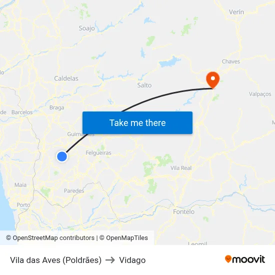 Vila das Aves (Poldrães) to Vidago map
