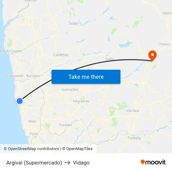 Argivai (Supermercado) to Vidago map