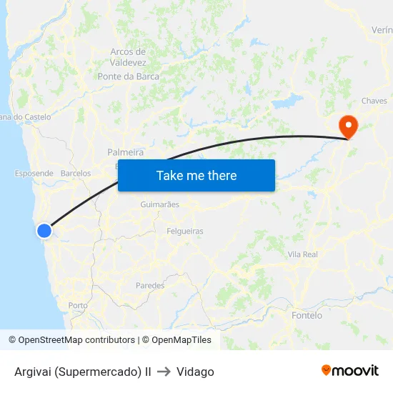 Argivai (Supermercado) II to Vidago map