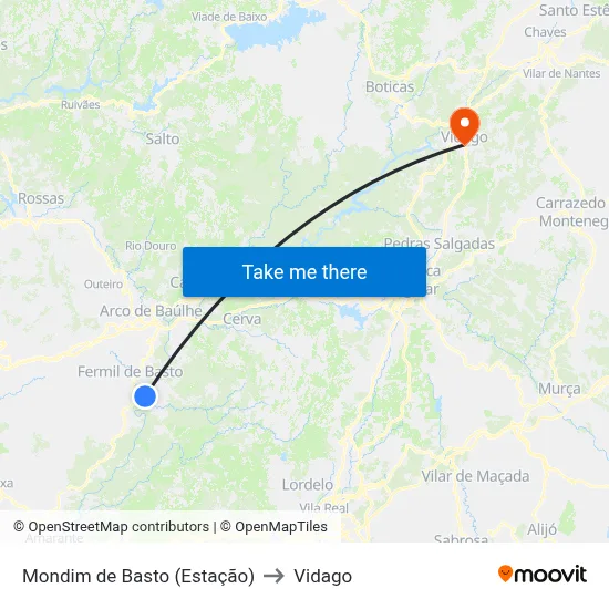 Mondim de Basto (Estação) to Vidago map