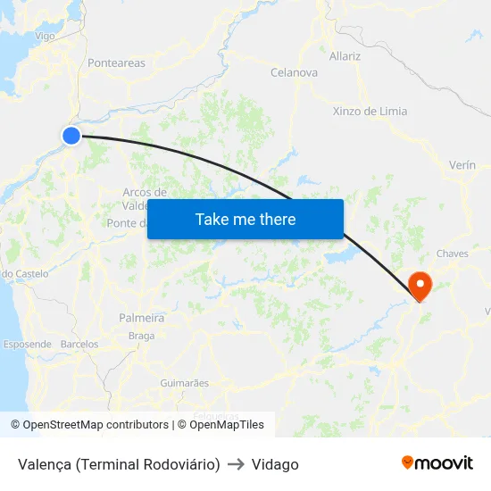 Valença (Terminal Rodoviário) to Vidago map
