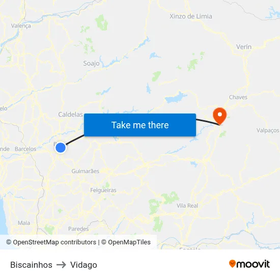 Biscainhos to Vidago map