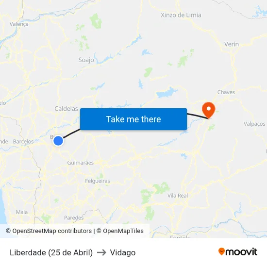 Liberdade (25 de Abril) to Vidago map