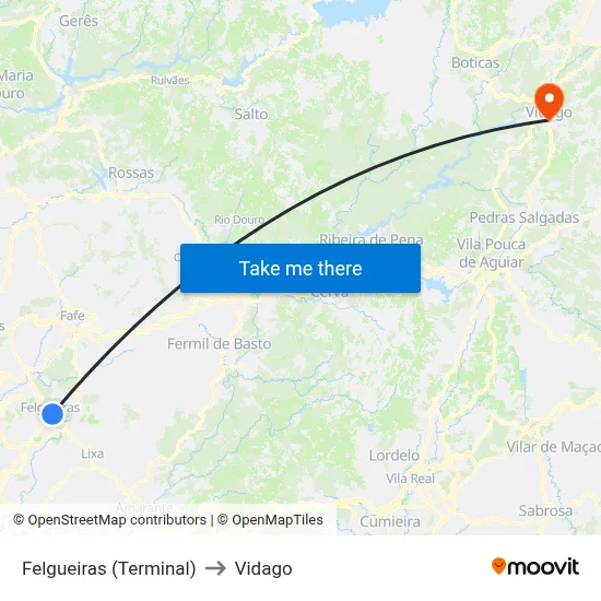 Felgueiras (Terminal) to Vidago map