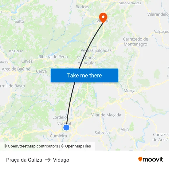 Praça da Galiza to Vidago map