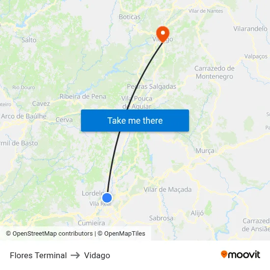 Flores Terminal to Vidago map