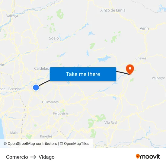Comercio to Vidago map