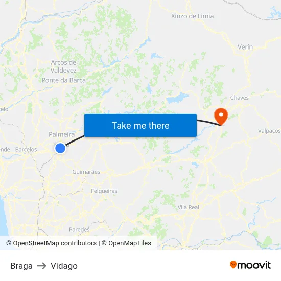 Braga to Vidago map