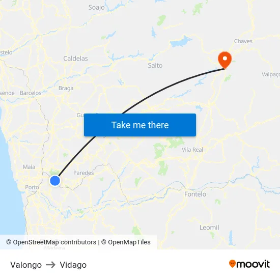 Valongo to Vidago map