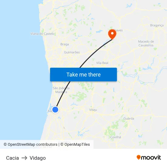 Cacia to Vidago map