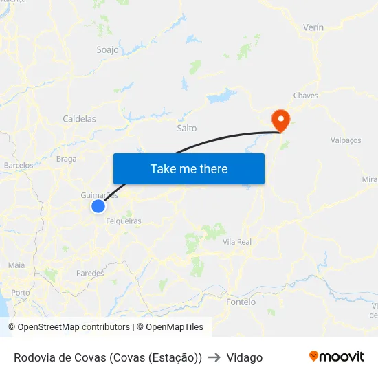 Rodovia de Covas (Covas (Estação)) to Vidago map