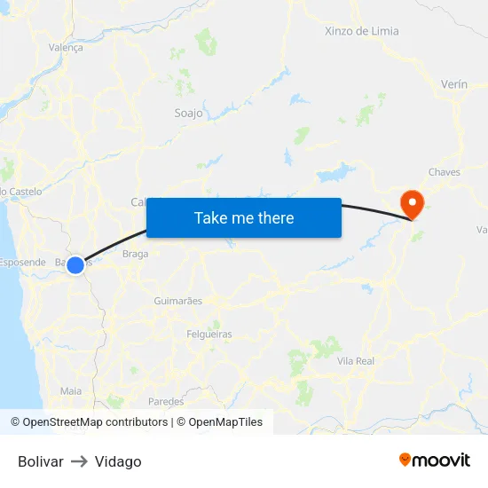 Bolivar to Vidago map