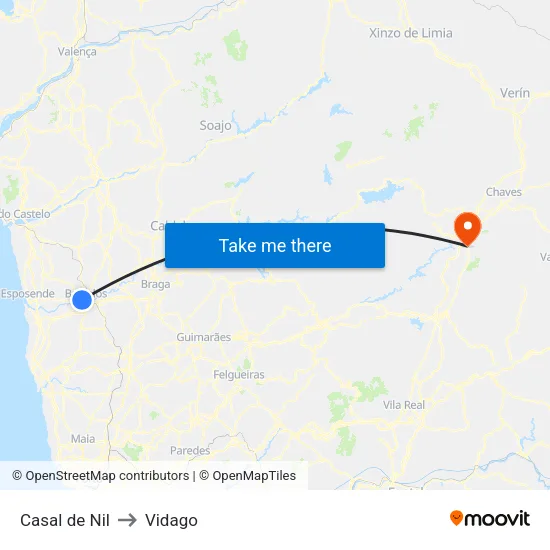 Casal de Nil to Vidago map