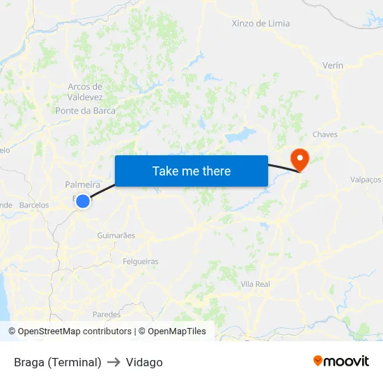 Braga (Terminal) to Vidago map