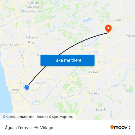 Águas Férreas to Vidago map