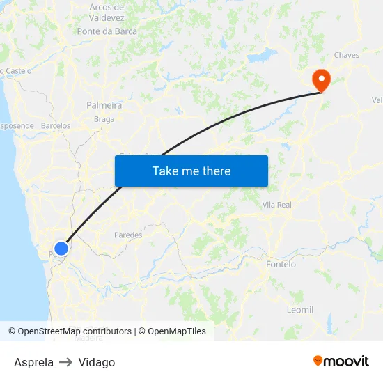 Asprela to Vidago map