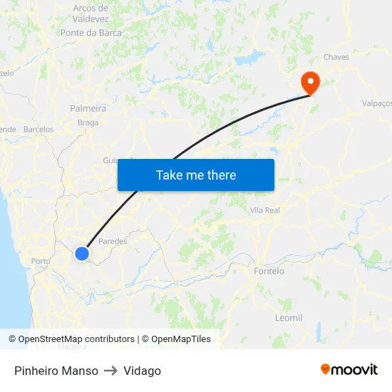 Pinheiro Manso to Vidago map