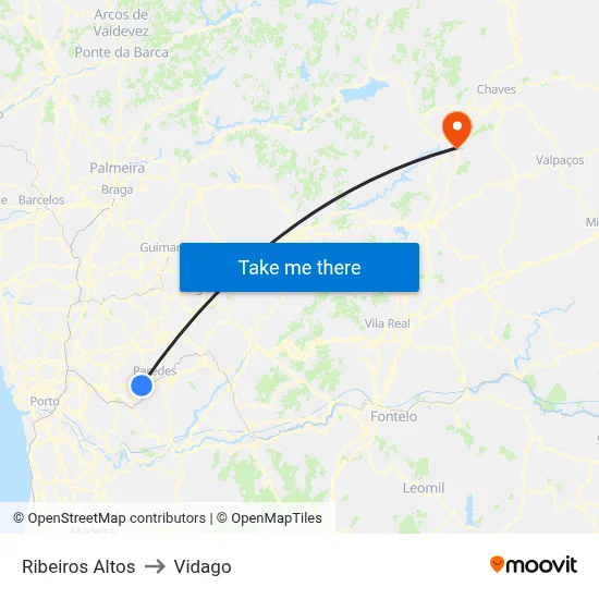 Ribeiros Altos to Vidago map