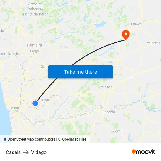 Casais to Vidago map