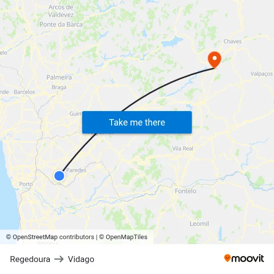Regedoura to Vidago map