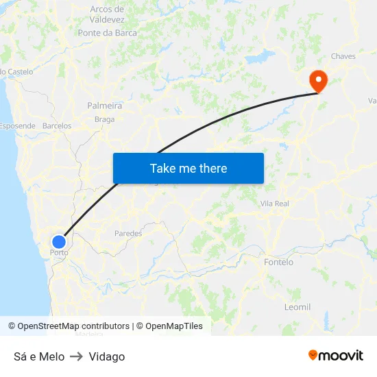Sá e Melo to Vidago map