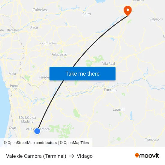 Vale de Cambra (Terminal) to Vidago map