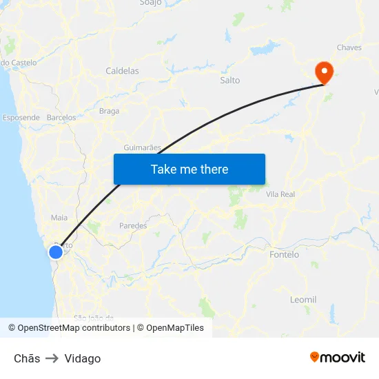 Chãs to Vidago map