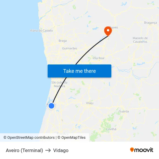 Aveiro (Terminal) to Vidago map