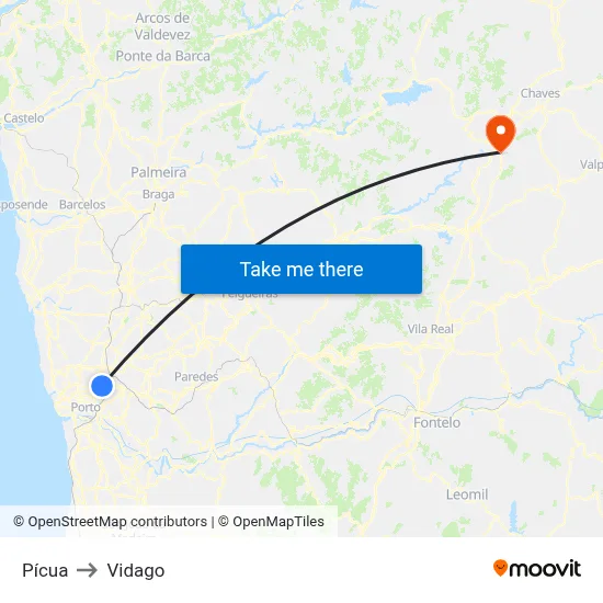 Pícua to Vidago map