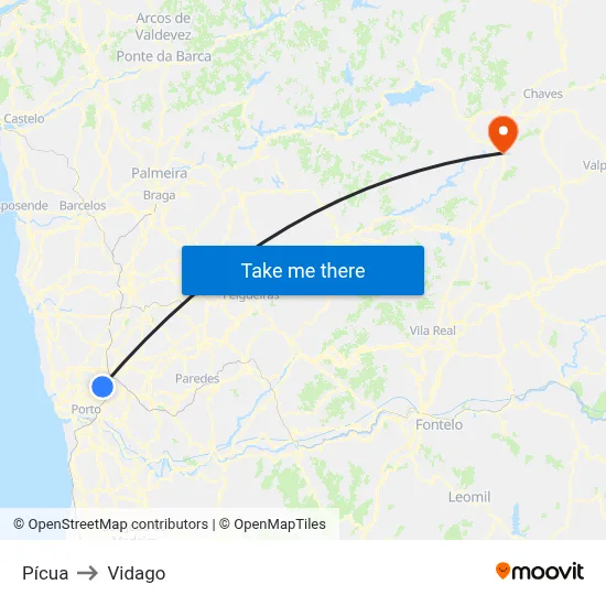 Pícua to Vidago map