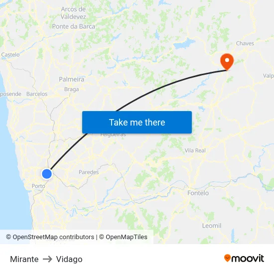 Mirante to Vidago map