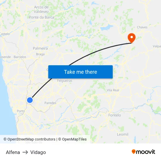 Alfena to Vidago map
