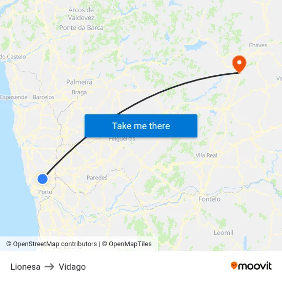 Lionesa to Vidago map