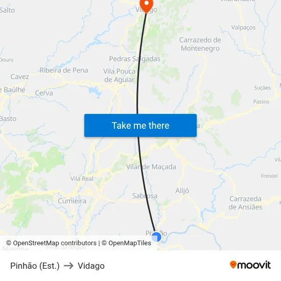 Pinhão (Est.) to Vidago map