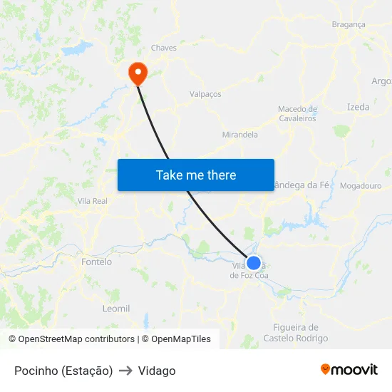 Pocinho (Estação) to Vidago map